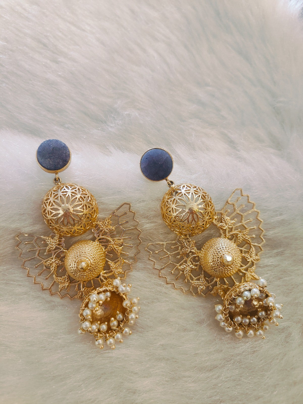 18 Kt Gold Plated, Brass, Blue Butterfly Jhumka Earring - Look Glamorous with These Blue Jhumkas Semi Precious stone