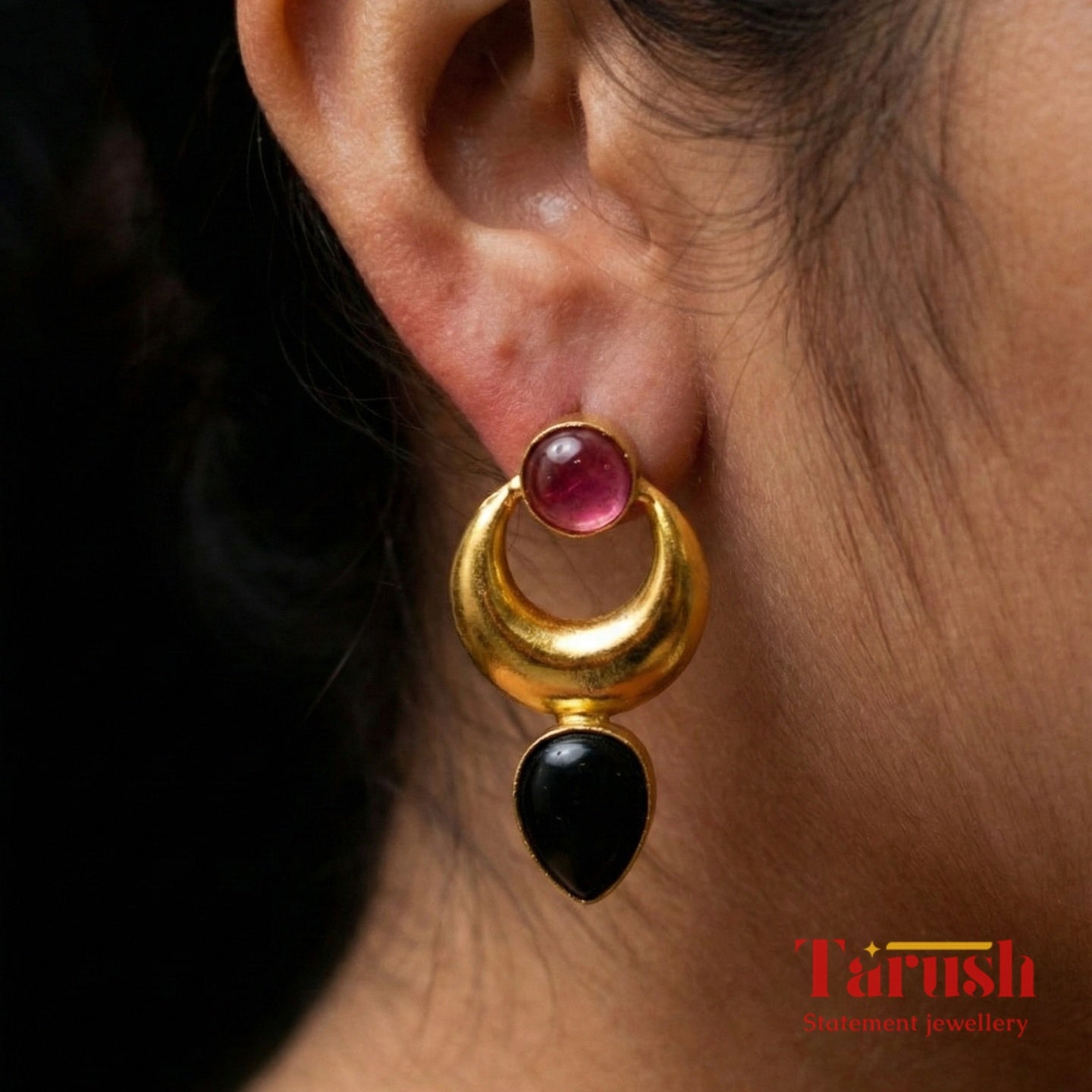18 Kt Gold Plated - Red and Black Small Earrings - Perfect for Office