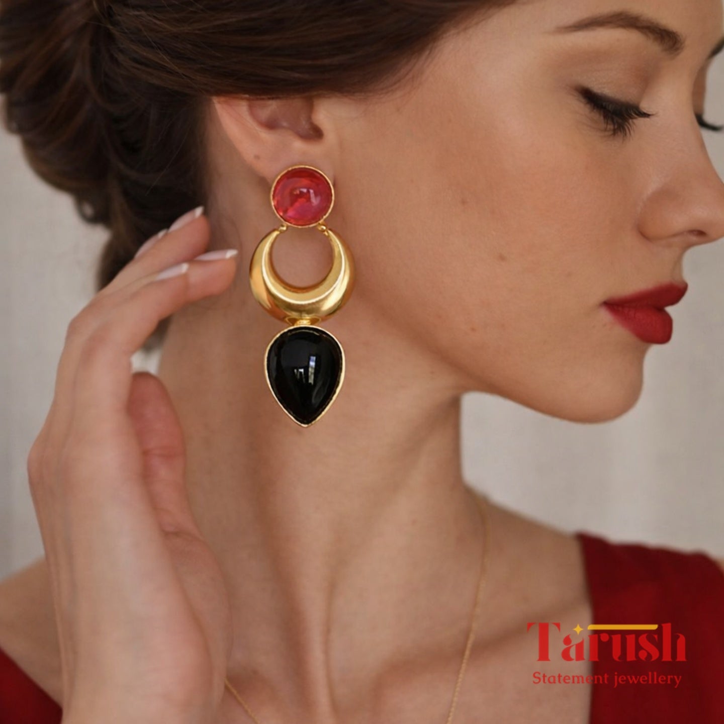 18 Kt Gold Plated - Red and Black Small Earrings - Perfect for Office