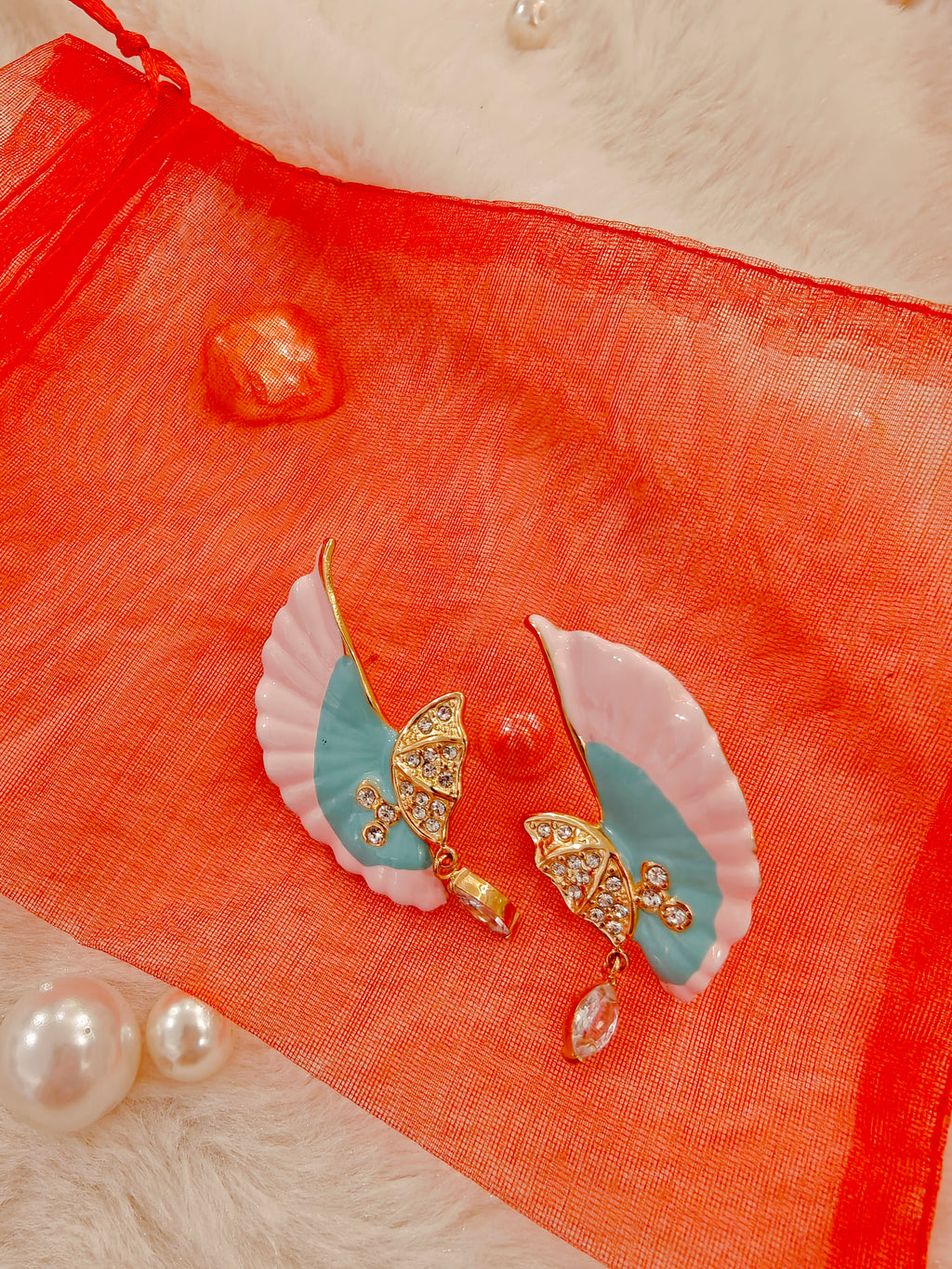 18 Kt Gold Plated Blue and Pink wing earrings Semi Precious stone