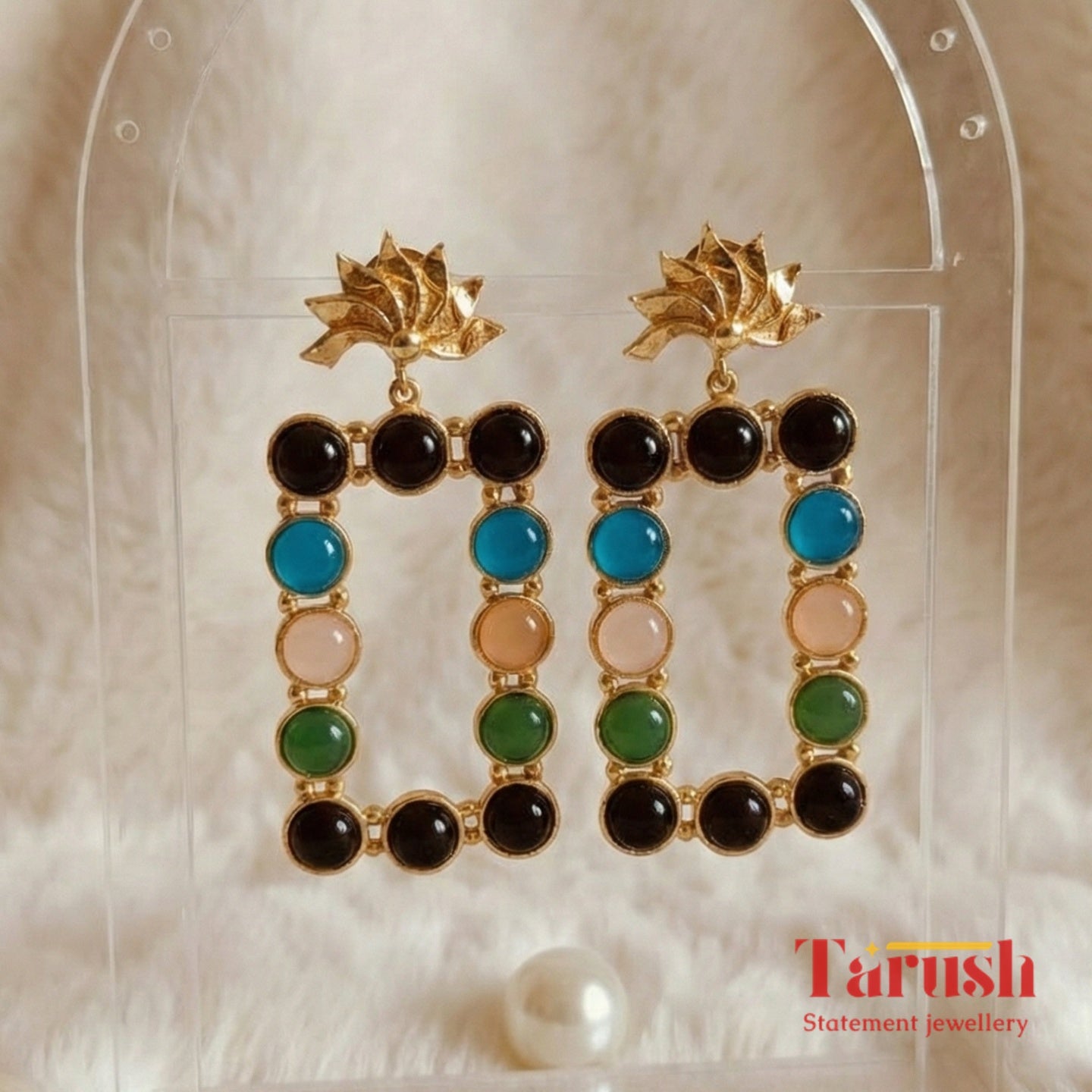 18 Kt Gold Plated non-allergic Brass earrings - Multi Colour Rectangle Earring - Perfect For Parties Semi Precious stone