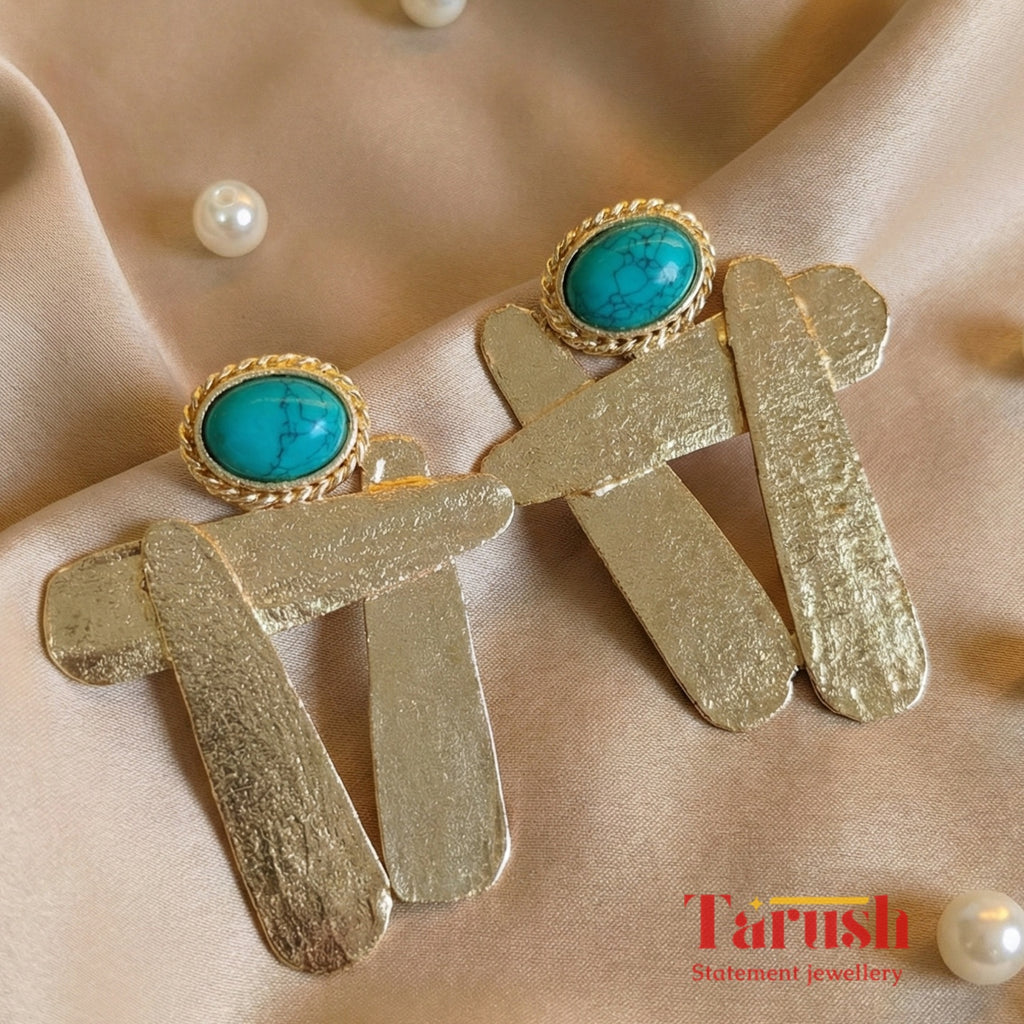 18 Kt Gold Plated Statement earring Designed for My Bold Women - Blue H earrings Semi Precious stone