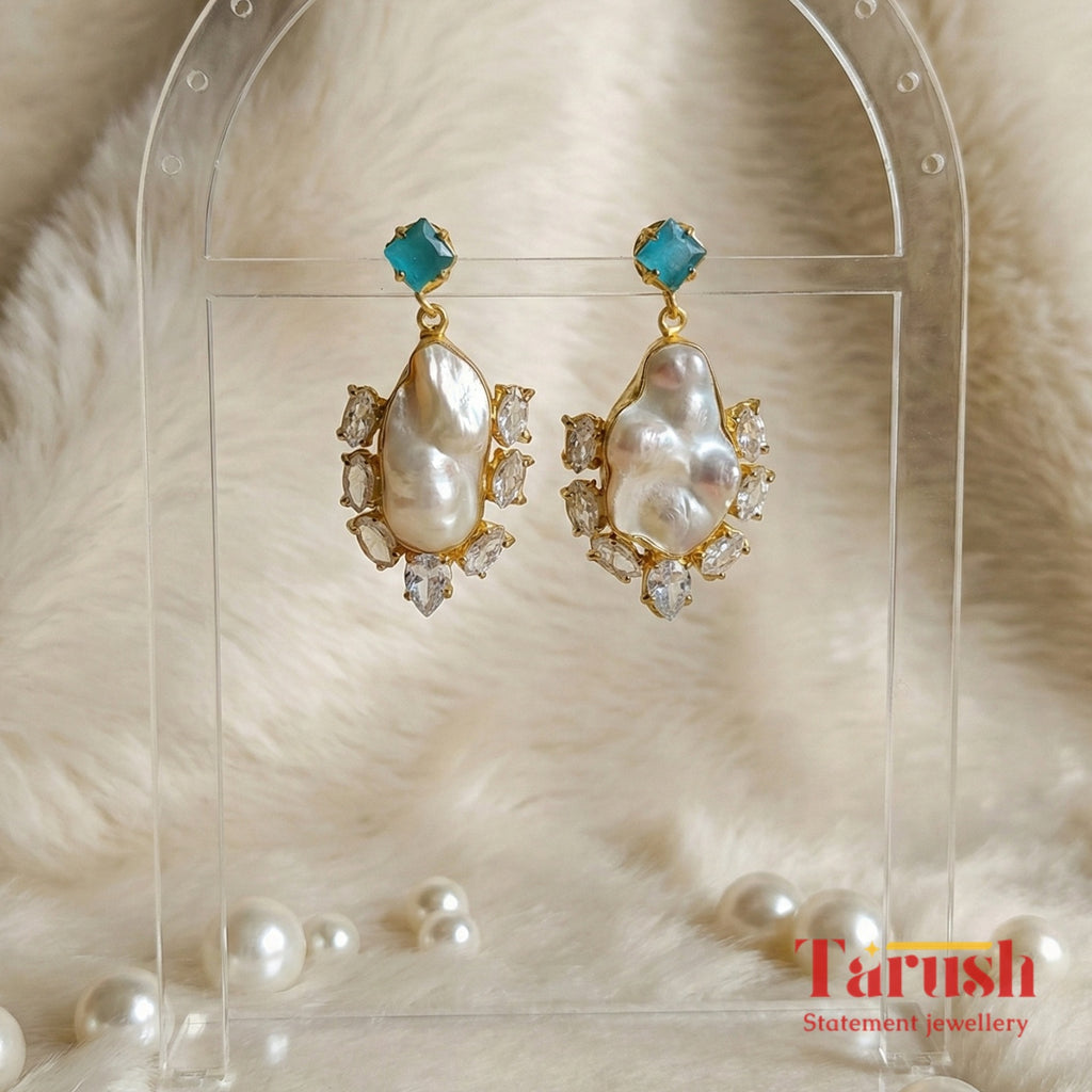 18 Kt Gold Plated  - Mother of Pearl with Blue Studs earrings - Perfect For Your Everyday Look Semi Precious stone