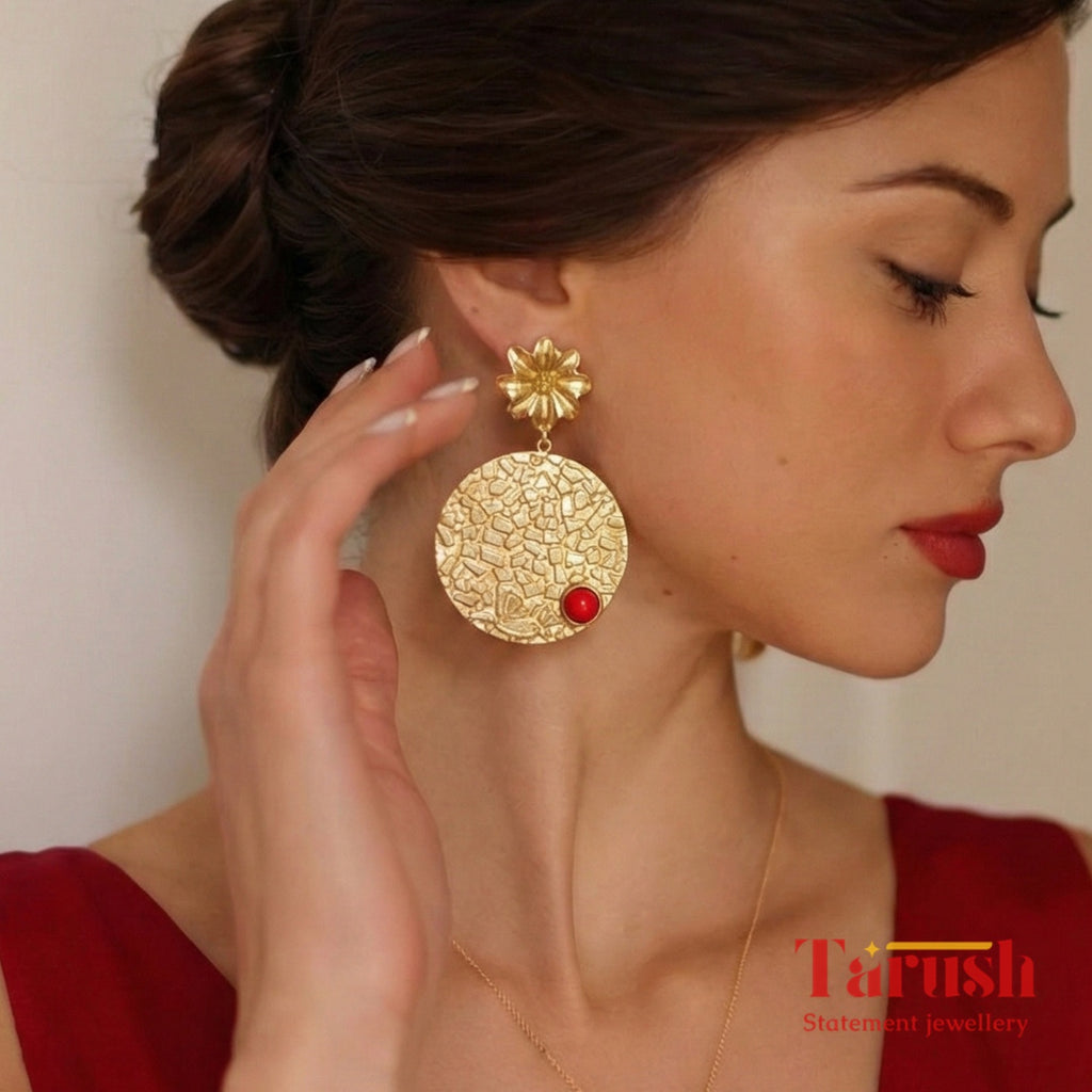 18 Kt Gold Plated Red earrings Semi Precious stone - Look Bold with these Red Statement Earrings
