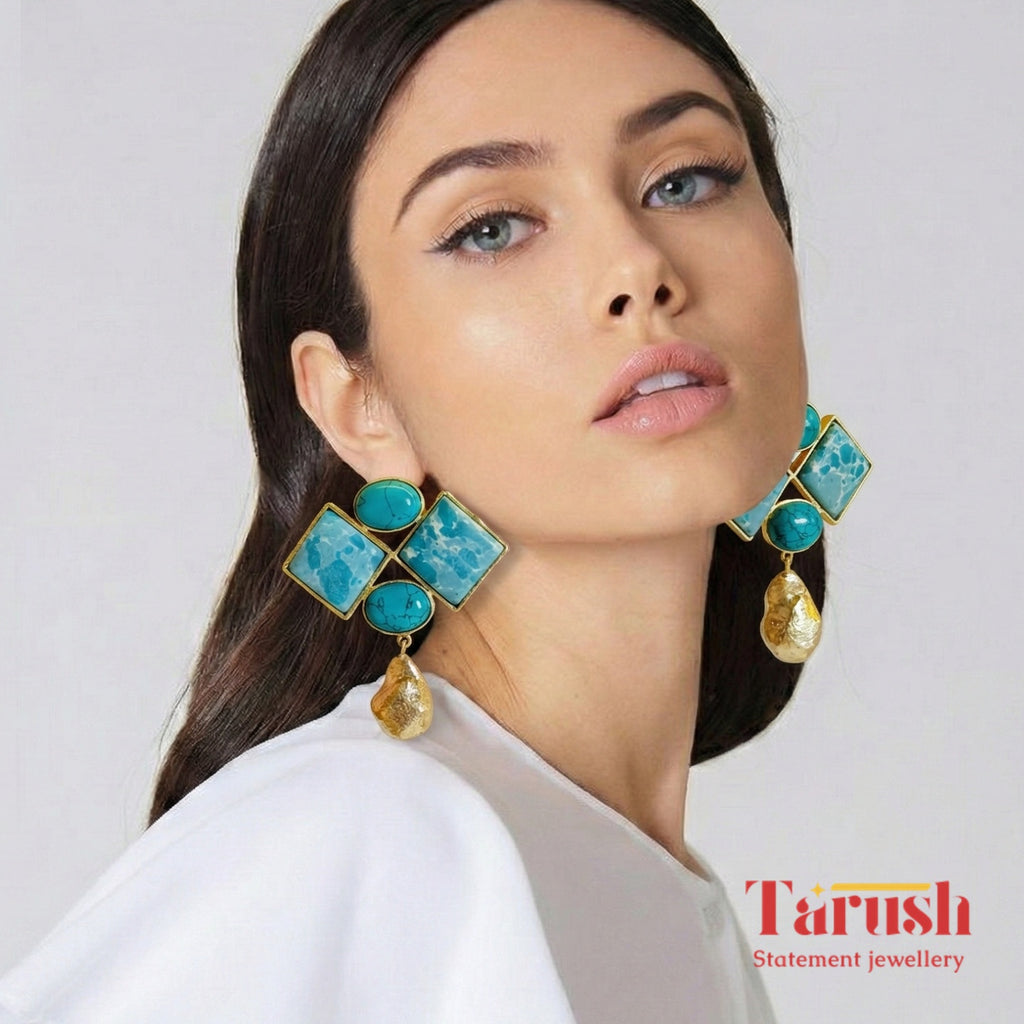 18 kt Gold Plated - Blue Turquoise earrings - Make a Statment