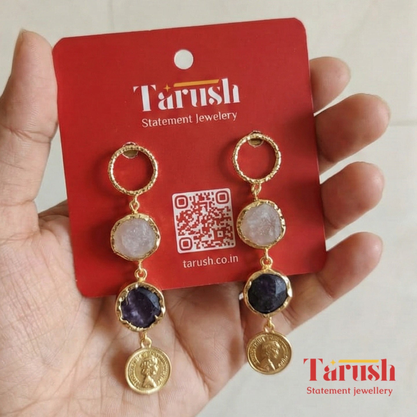 18 Kt Gold Plated Stone coin dangeling earring Semi Precious stone