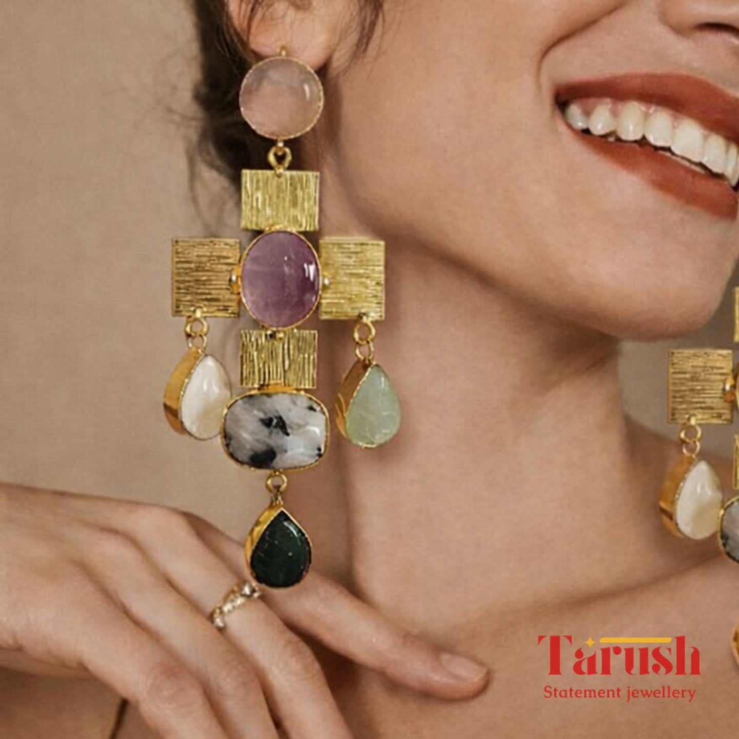 Tarush Multi-Stone Geometric Drop Earrings - Indo-Western Statement Jewellery - Stones Colour May Vary