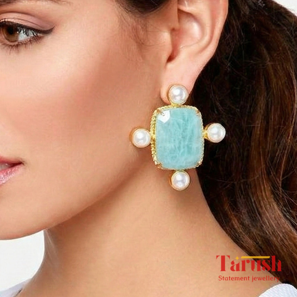 Blue stone with pearl earring