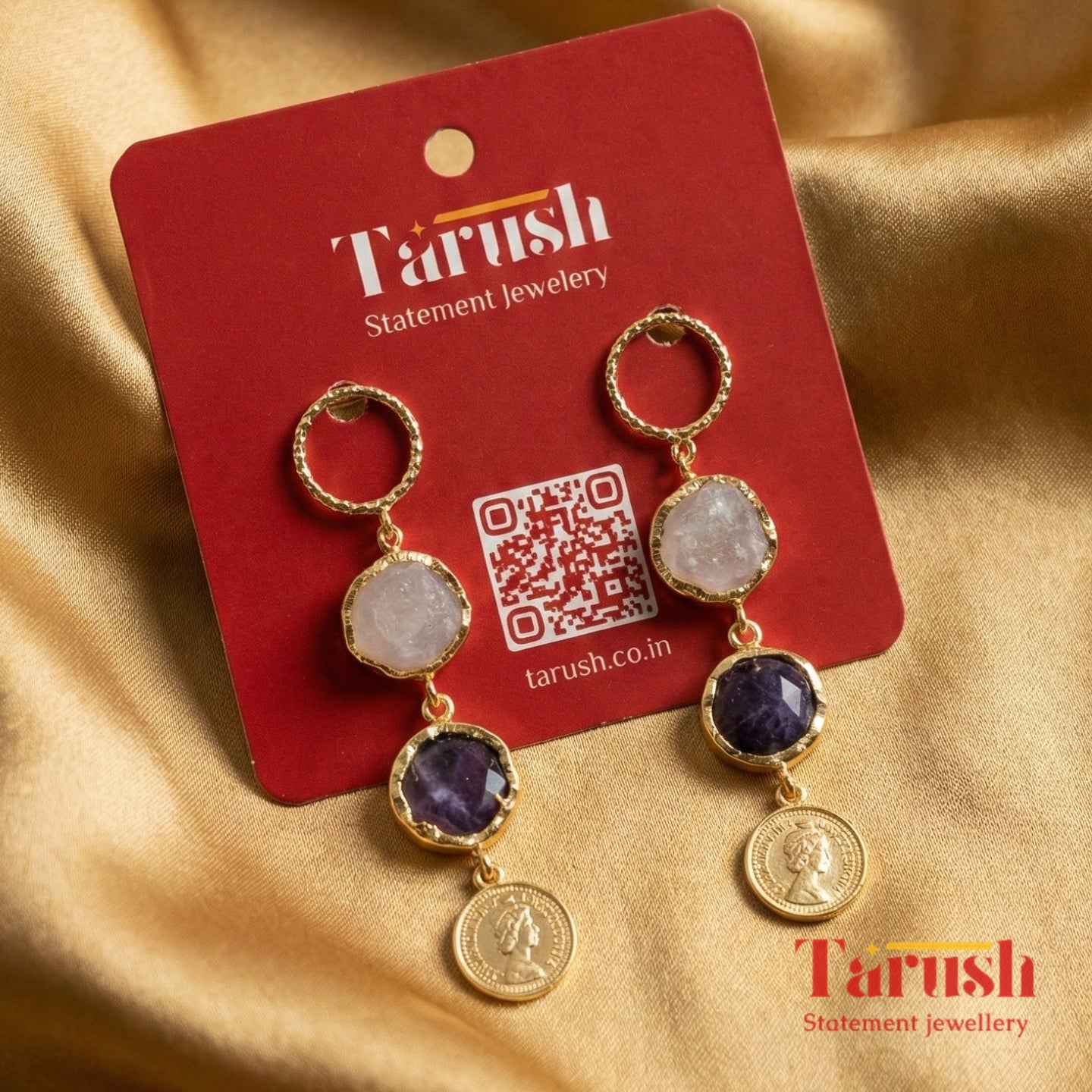 18 Kt Gold Plated Stone coin dangeling earring Semi Precious stone