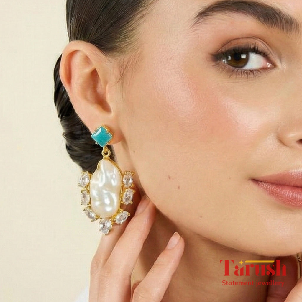 18 Kt Gold Plated  - Mother of Pearl with Blue Studs earrings - Perfect For Your Everyday Look Semi Precious stone