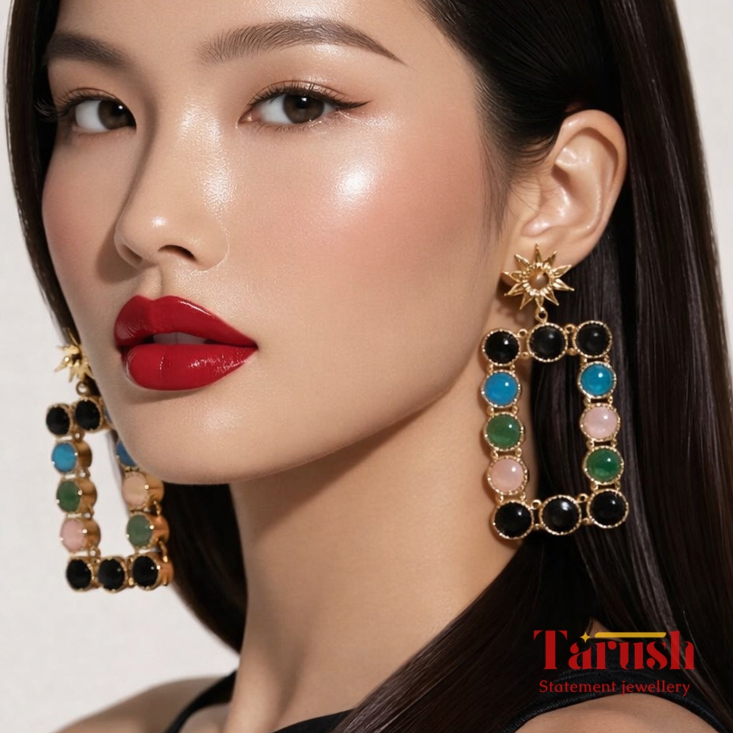 18 Kt Gold Plated non-allergic Brass earrings - Multi Colour Rectangle Earring - Perfect For Parties Semi Precious stone