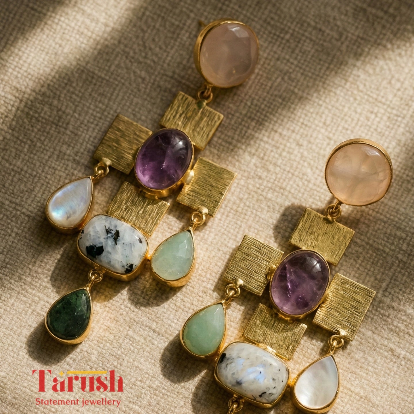 Tarush Multi-Stone Geometric Drop Earrings - Indo-Western Statement Jewellery - Stones Colour May Vary