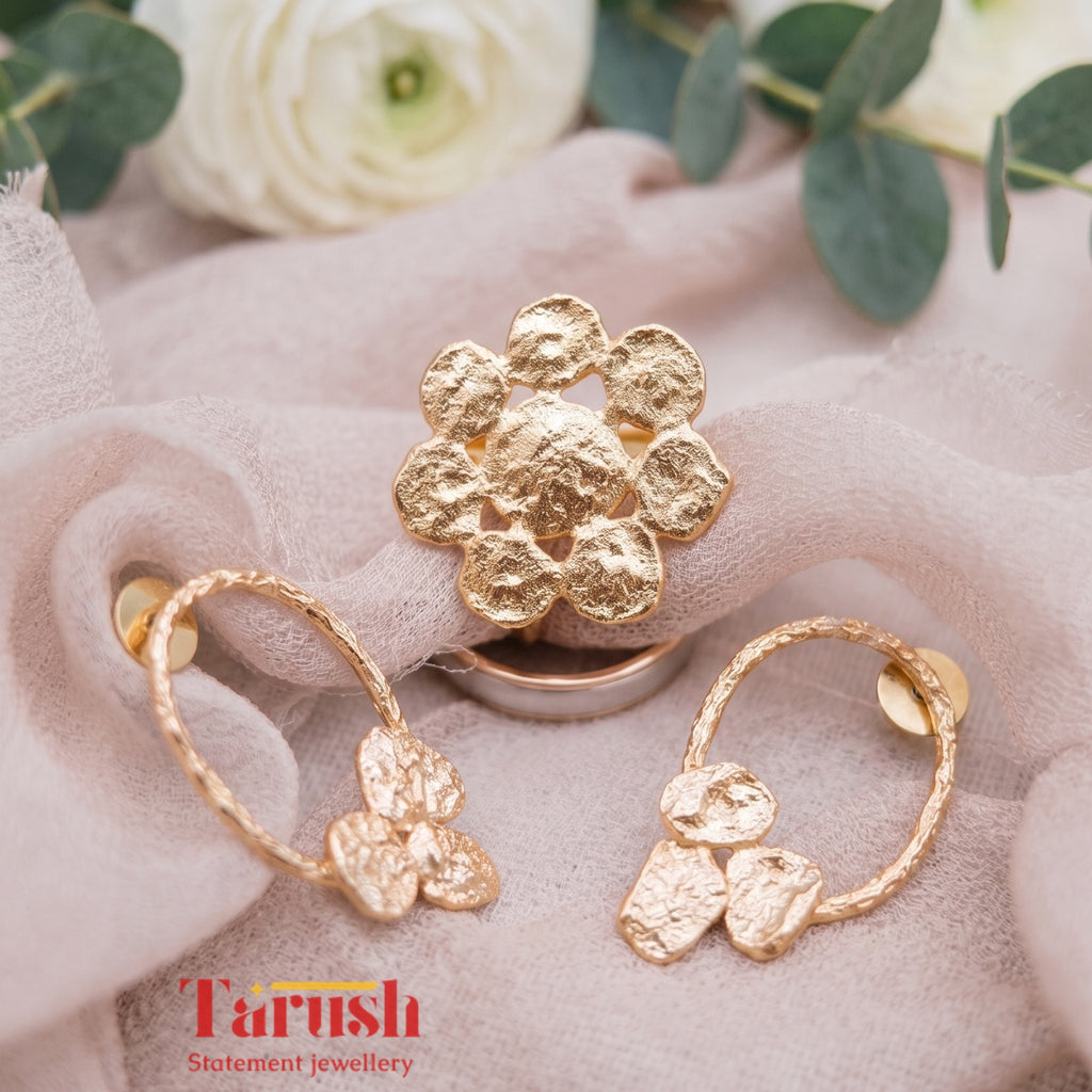 18 Kt Gold Plated Round Gold small earring with round ring Semi Precious stone