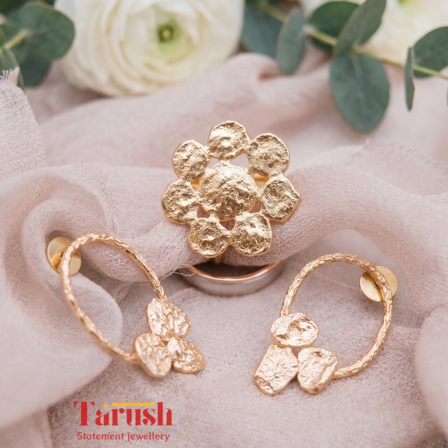 18 Kt Gold Plated Round Gold small earring with round ring Semi Precious stone