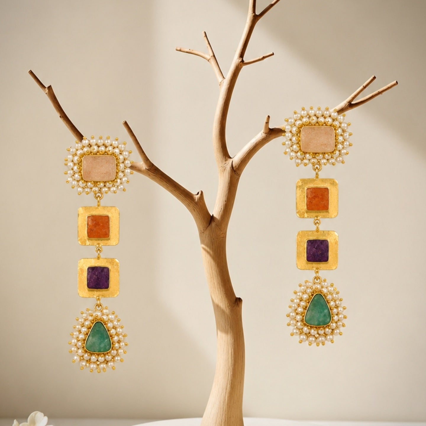 Semi precious stone Earrings - 18 Kt Gold Plated Multi Semi precious Stone Pearl Drop Earrings for Women