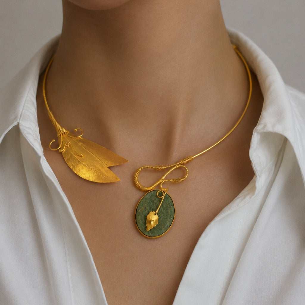Handcrafted Green Stone Leaf Precious stone Necklace - 18kt gold plate Brass necklace - without earring