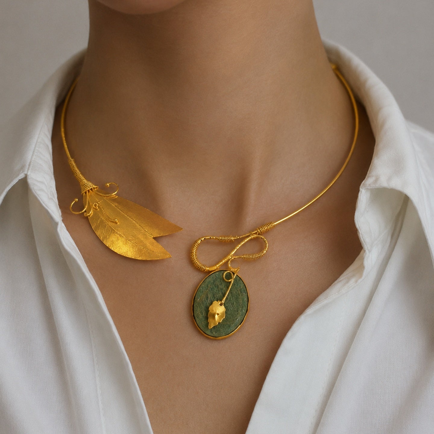 Handcrafted Green Stone Leaf Precious stone Necklace - 18kt gold plate Brass necklace - without earring