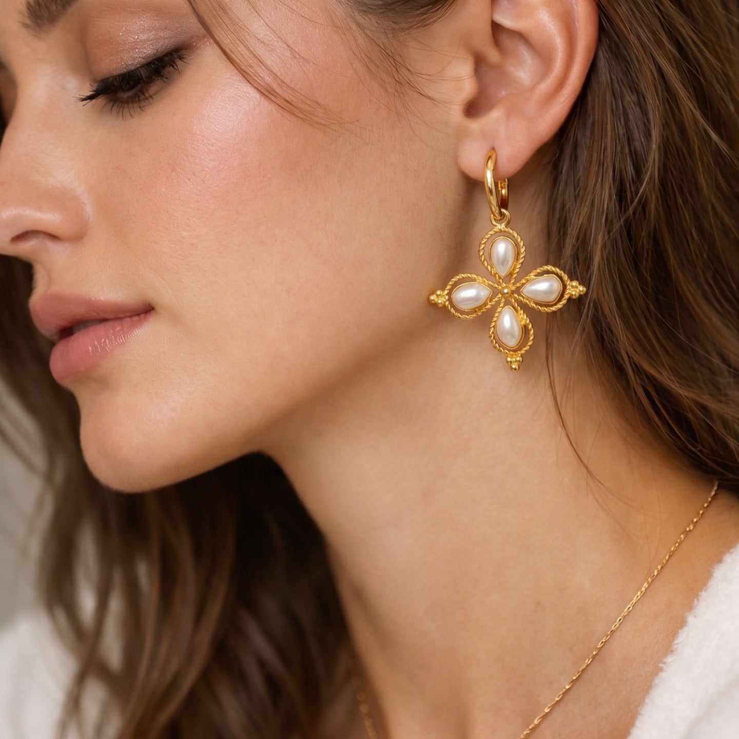 18 Kt Gold Plated Floral Pearl Earrings for Women - 18 kt gold plated anti tarnish - Brass earring - Skin freindly