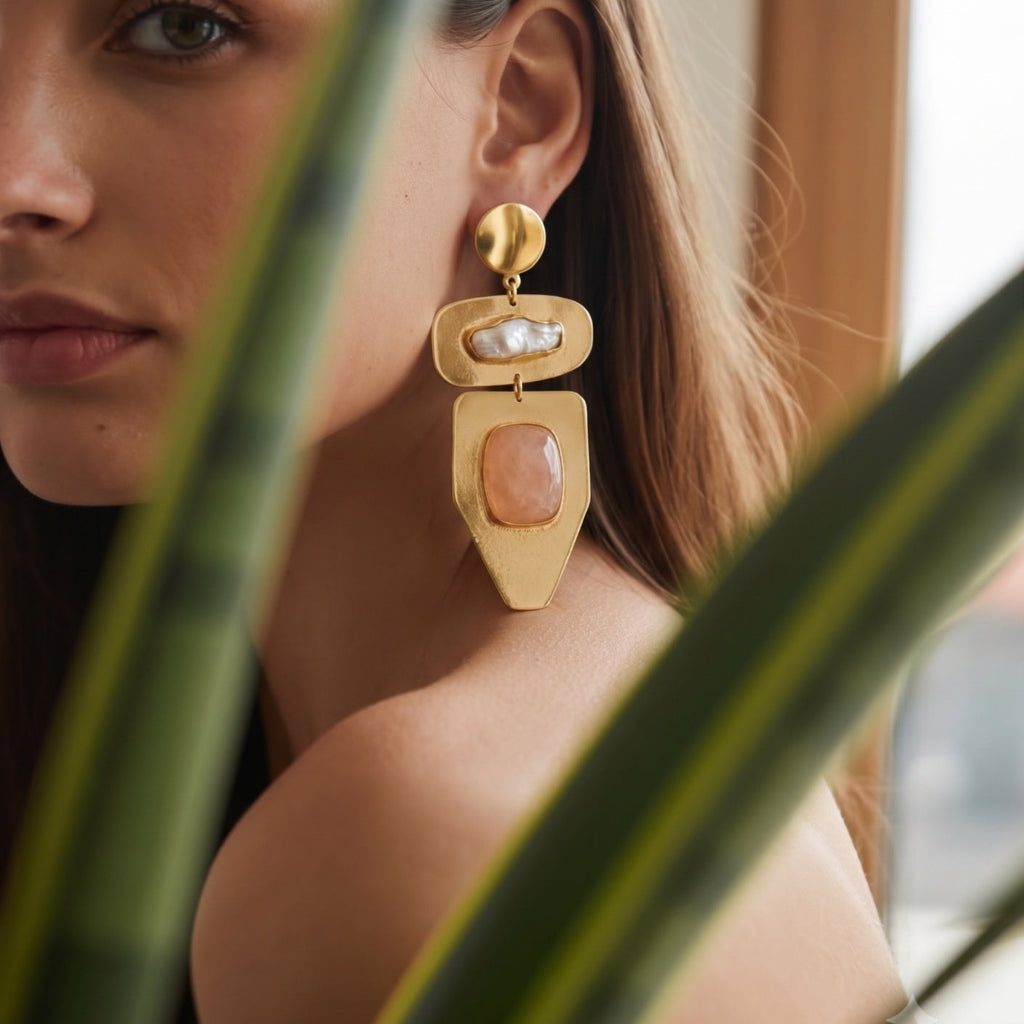 Desert Pearl Earrings - 18 Kt Gold Pated - Decorated with Precious stones to get that elegant look - Perfect for all occasions