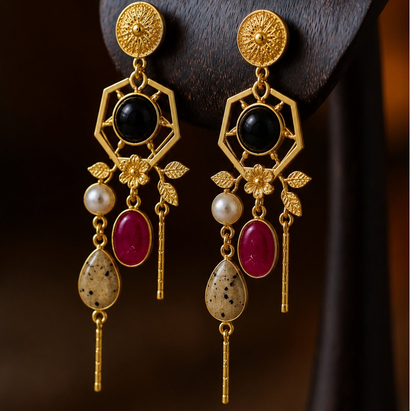 Ruby Noir Earrings - 18 Kt Gold Pated - Decorated with Semi precious stones - Perfect for all occasions