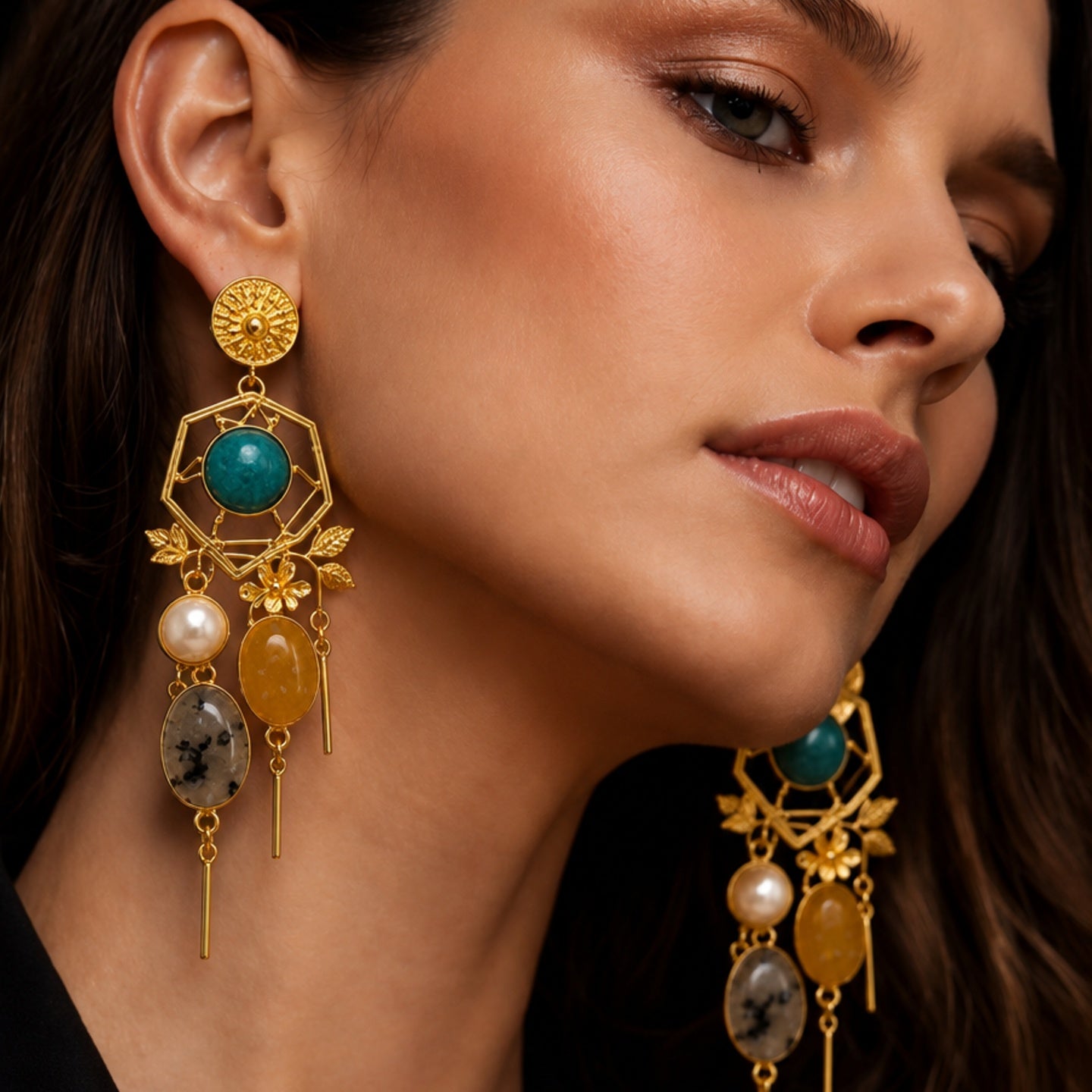 Ocean Mist Earrings - 18 Kt Gold Pated - Decorated with Semi precious stones - Perfect for all occasions