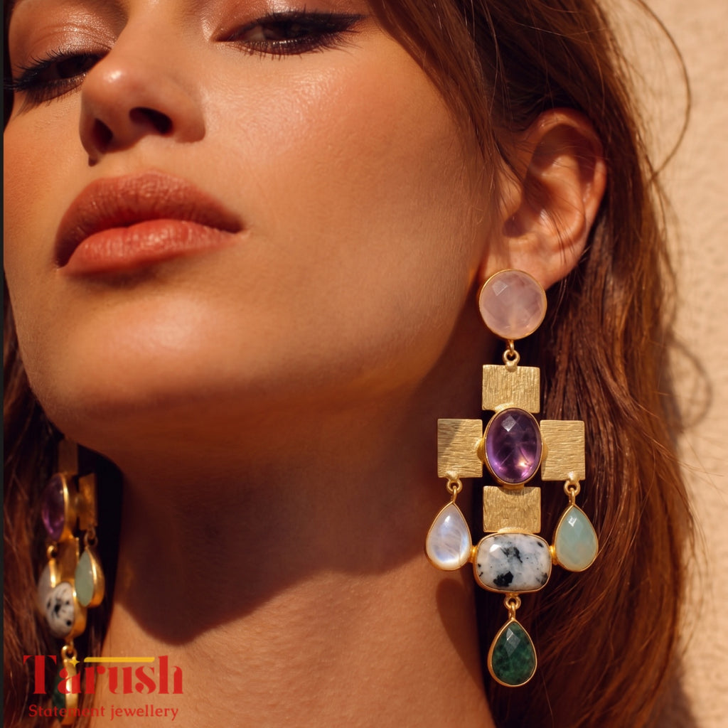Tarush Multi-Stone Geometric Drop Earrings - Indo-Western Statement Jewellery - Stones Colour May Vary