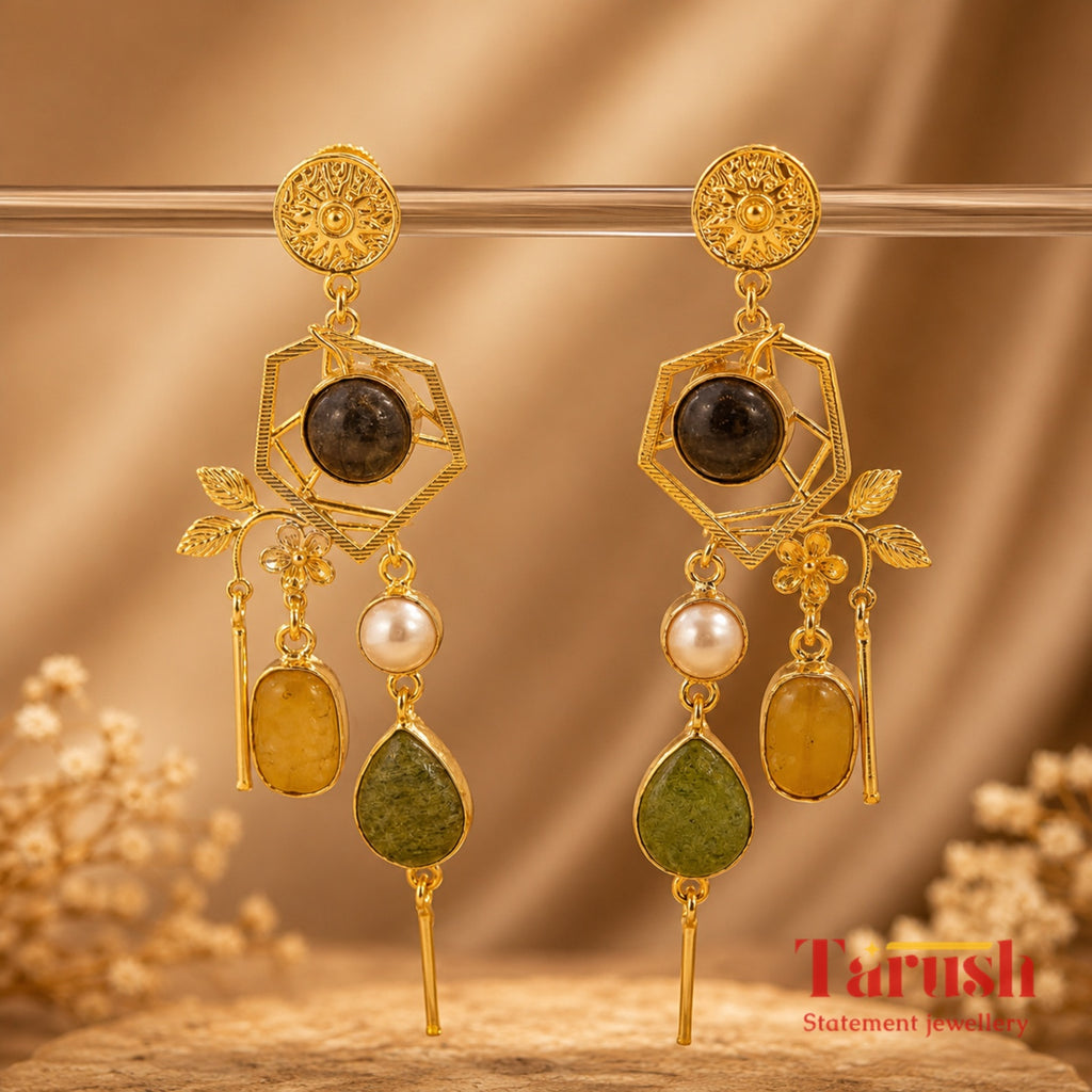 Midnight Bloom Earrings - 18 Kt Gold Pated - Decorated with Semi precious stones - Perfect for all occasions