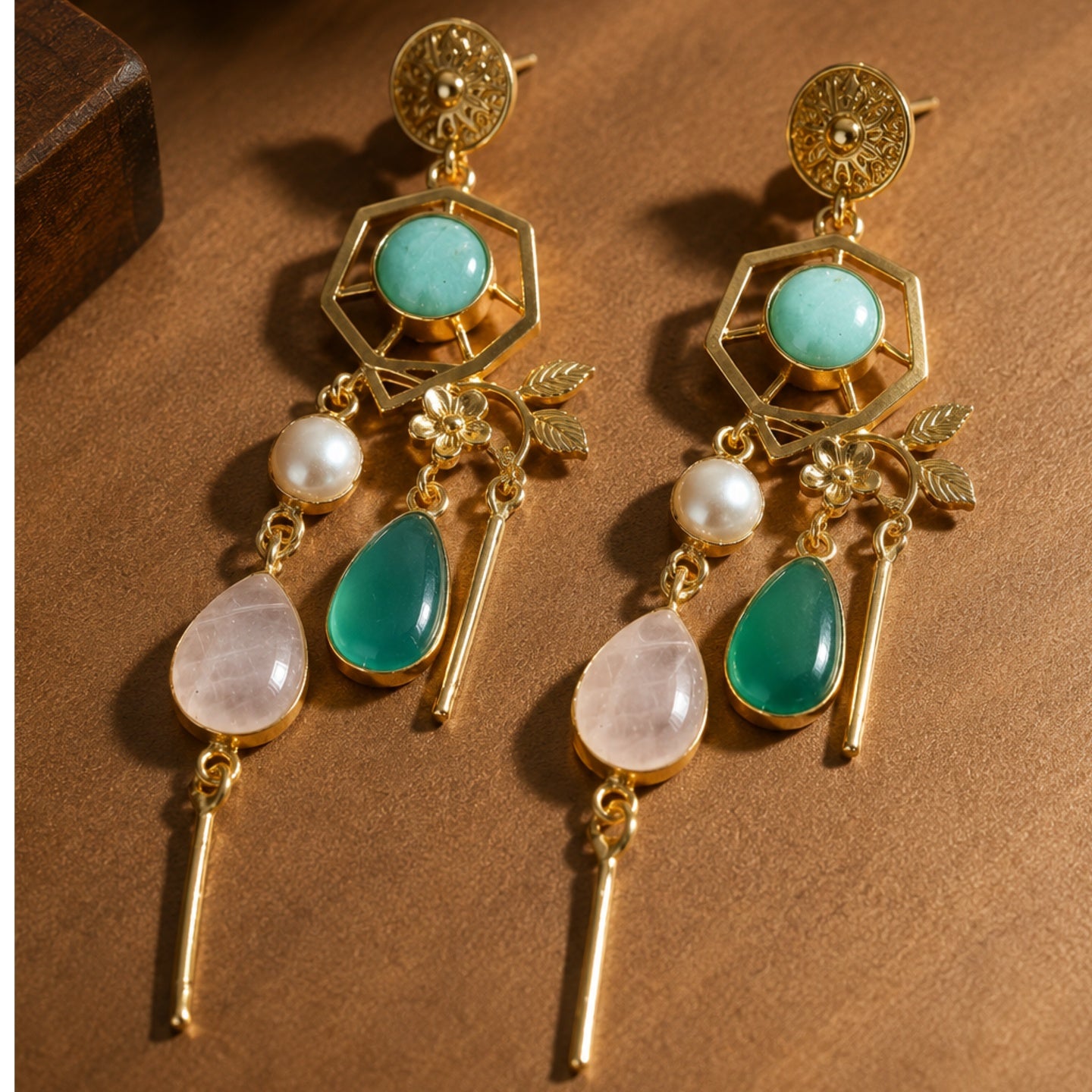 Emerald Dew Earrings - 18 Kt Gold Pated - Decorated with Semi precious stones - Perfect for all occasions