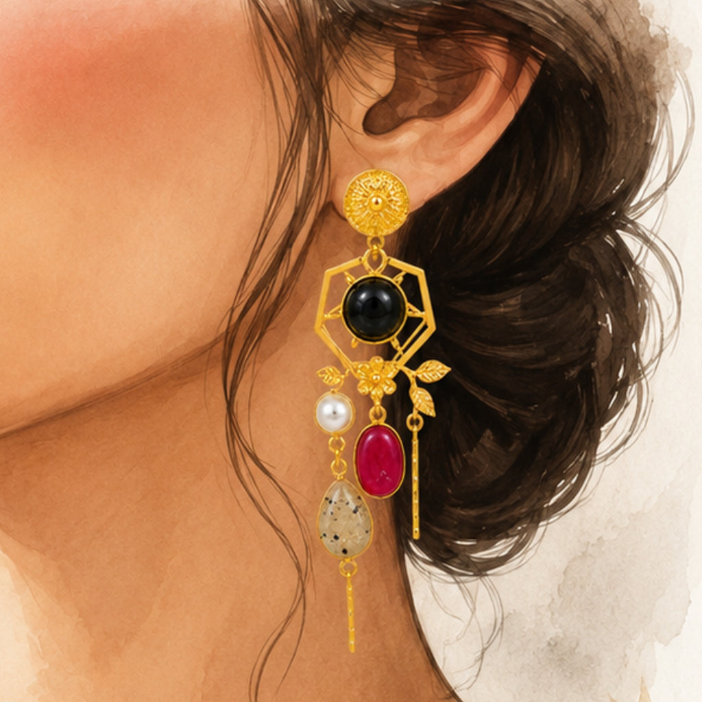 Ruby Noir Earrings - 18 Kt Gold Pated - Decorated with Semi precious stones - Perfect for all occasions