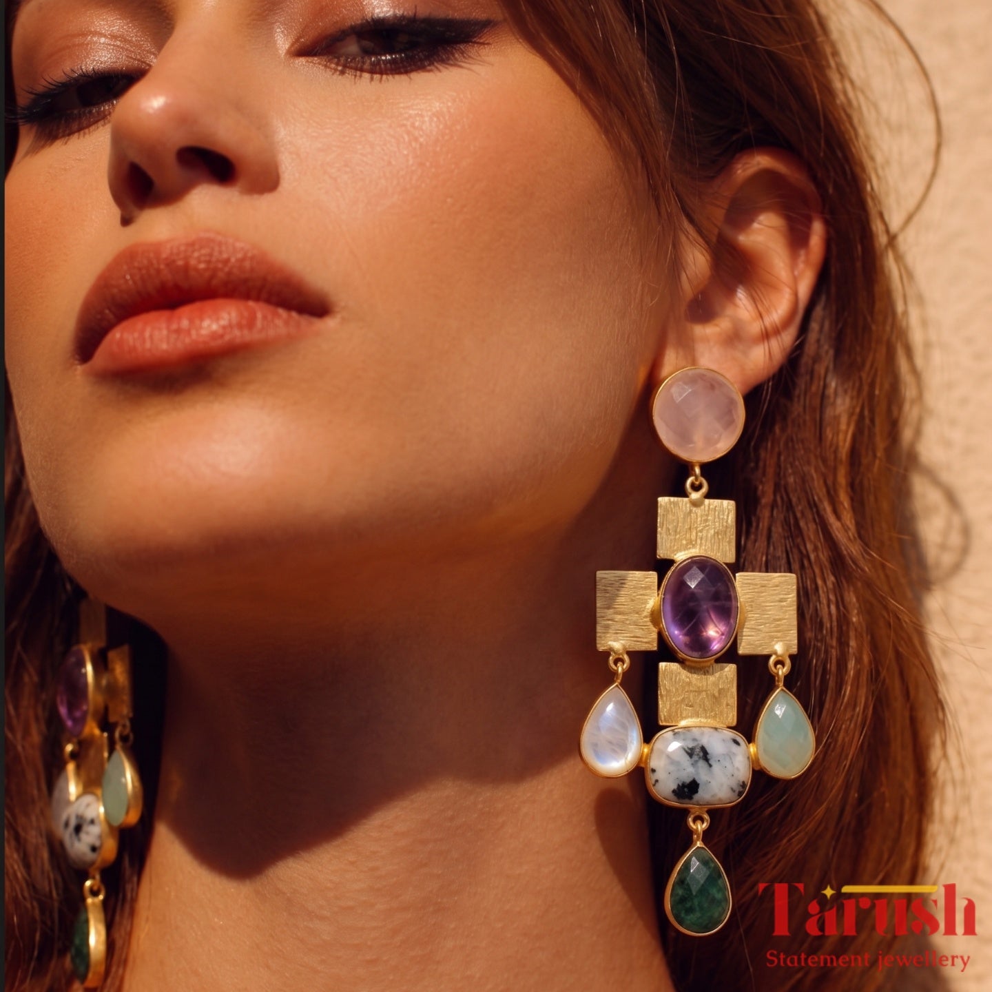 Tarush Multi-Stone Geometric Drop Earrings - Indo-Western Statement Jewellery - Stones Colour May Vary