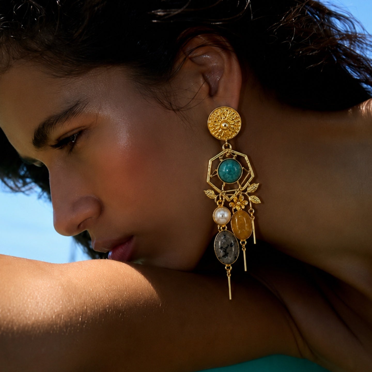 Ocean Mist Earrings - 18 Kt Gold Pated - Decorated with Semi precious stones - Perfect for all occasions