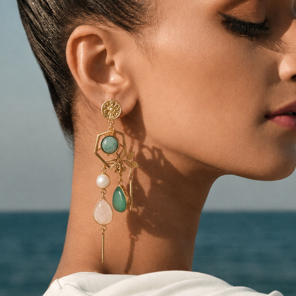 Emerald Dew Earrings - 18 Kt Gold Pated - Decorated with Semi precious stones (STONES COLOUR MAY VARY) - Perfect for all occasions