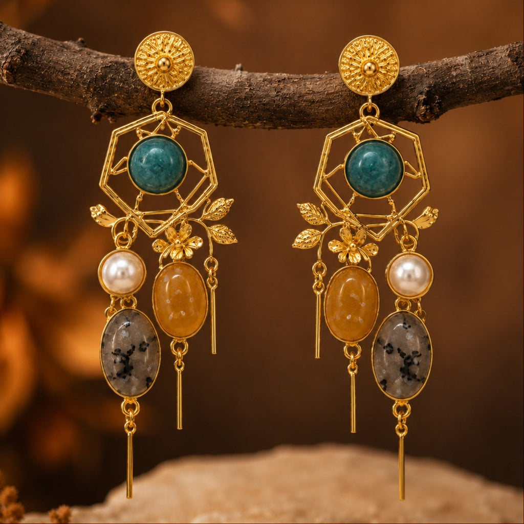 Ocean Mist Earrings - 18 Kt Gold Pated - Decorated with Semi precious stones - Perfect for all occasions