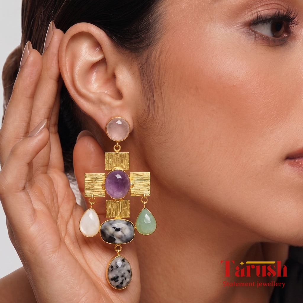 Tarush Multi-Stone Geometric Drop Earrings - Indo-Western Statement Jewellery - Stones Colour May Vary
