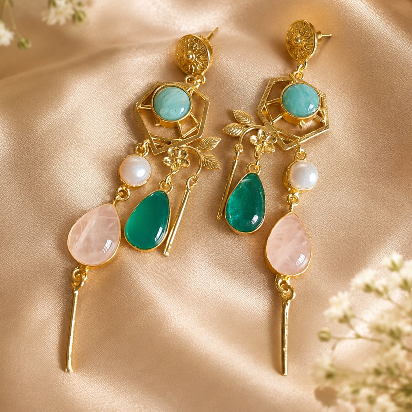 Emerald Dew Earrings - 18 Kt Gold Pated - Decorated with Semi precious stones - Perfect for all occasions