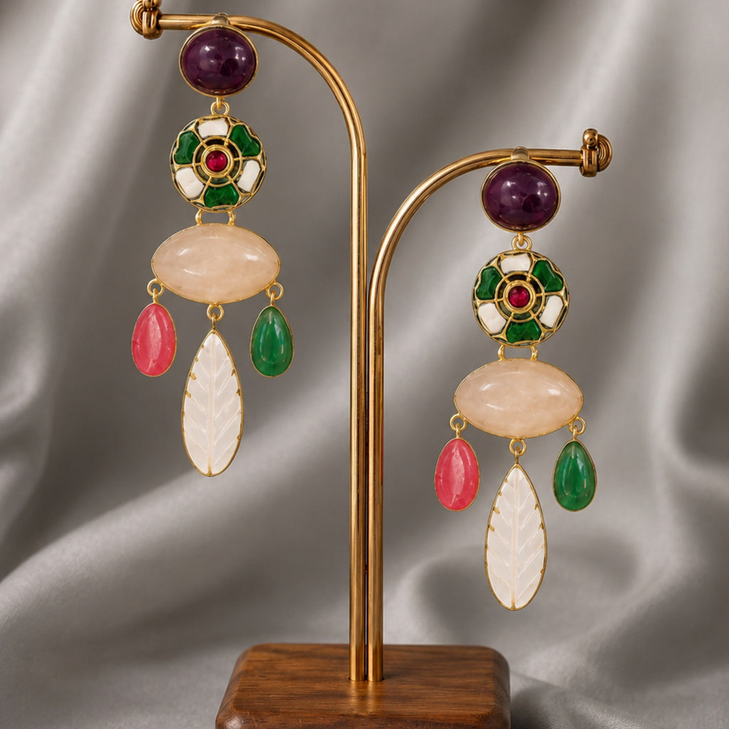 Mosaic Bloom Earrings - 18 Kt Gold Pated - Decorated with Precious stones and Kundans for that royal and elegant look - Perfect for all occasions
