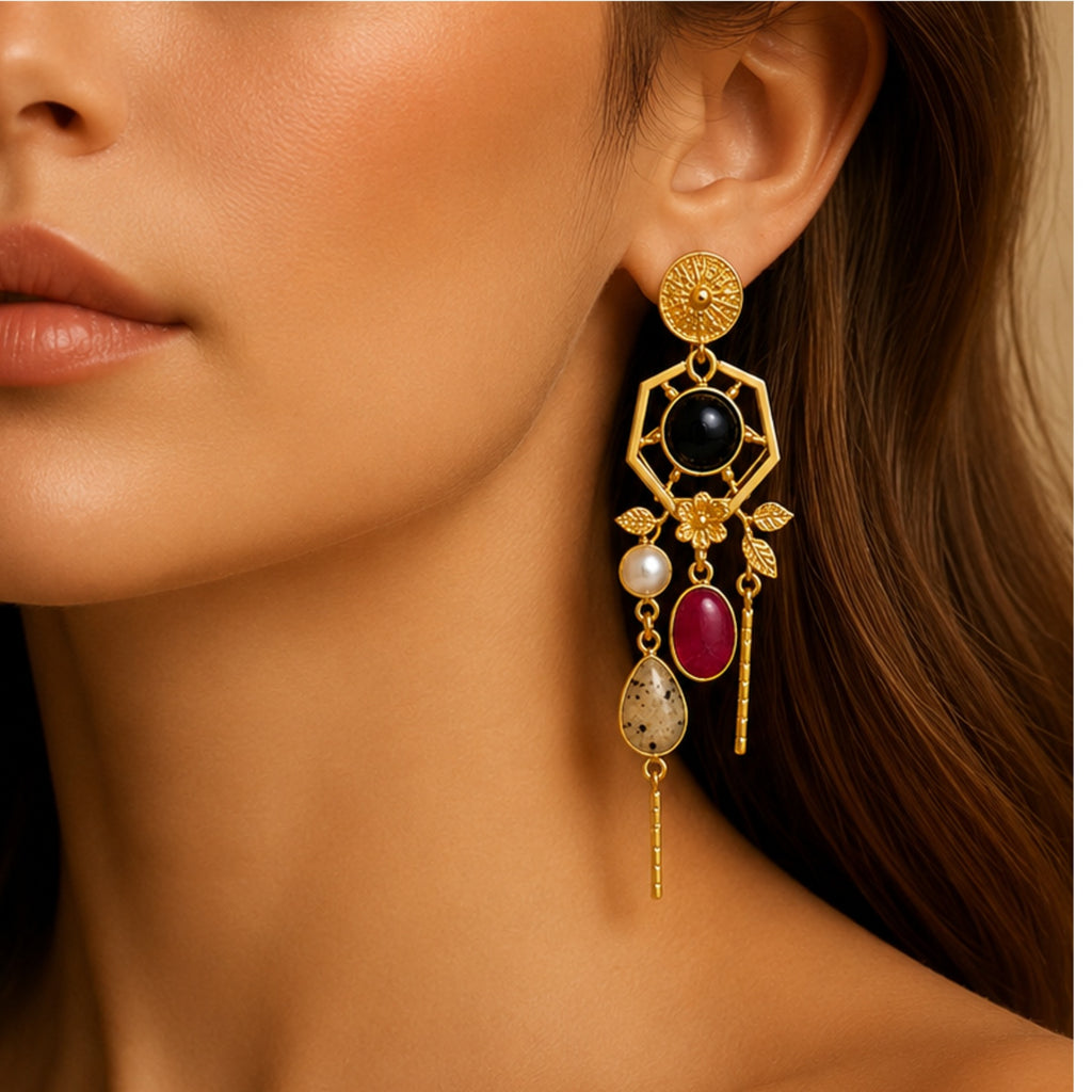 Ruby Noir Earrings - 18 Kt Gold Pated - Decorated with Semi precious stones - Perfect for all occasions