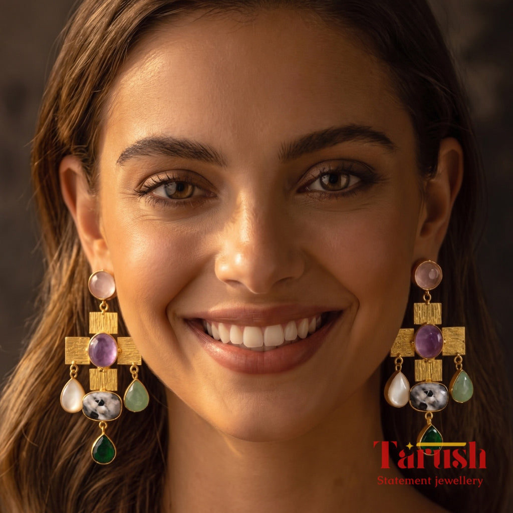 Tarush Multi-Stone Geometric Drop Earrings - Indo-Western Statement Jewellery - Stones Colour May Vary