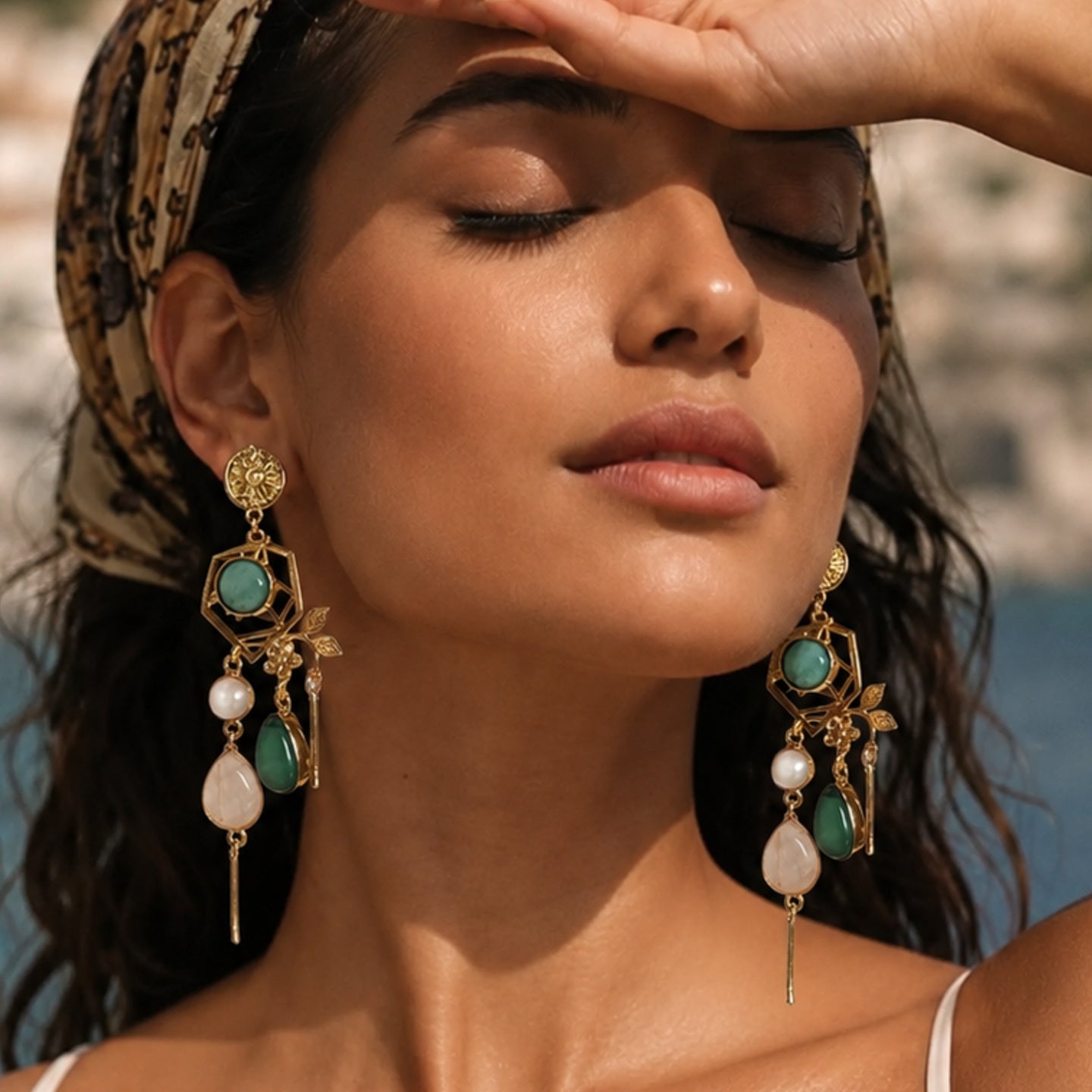 Emerald Dew Earrings - 18 Kt Gold Pated - Decorated with Semi precious stones - Perfect for all occasions
