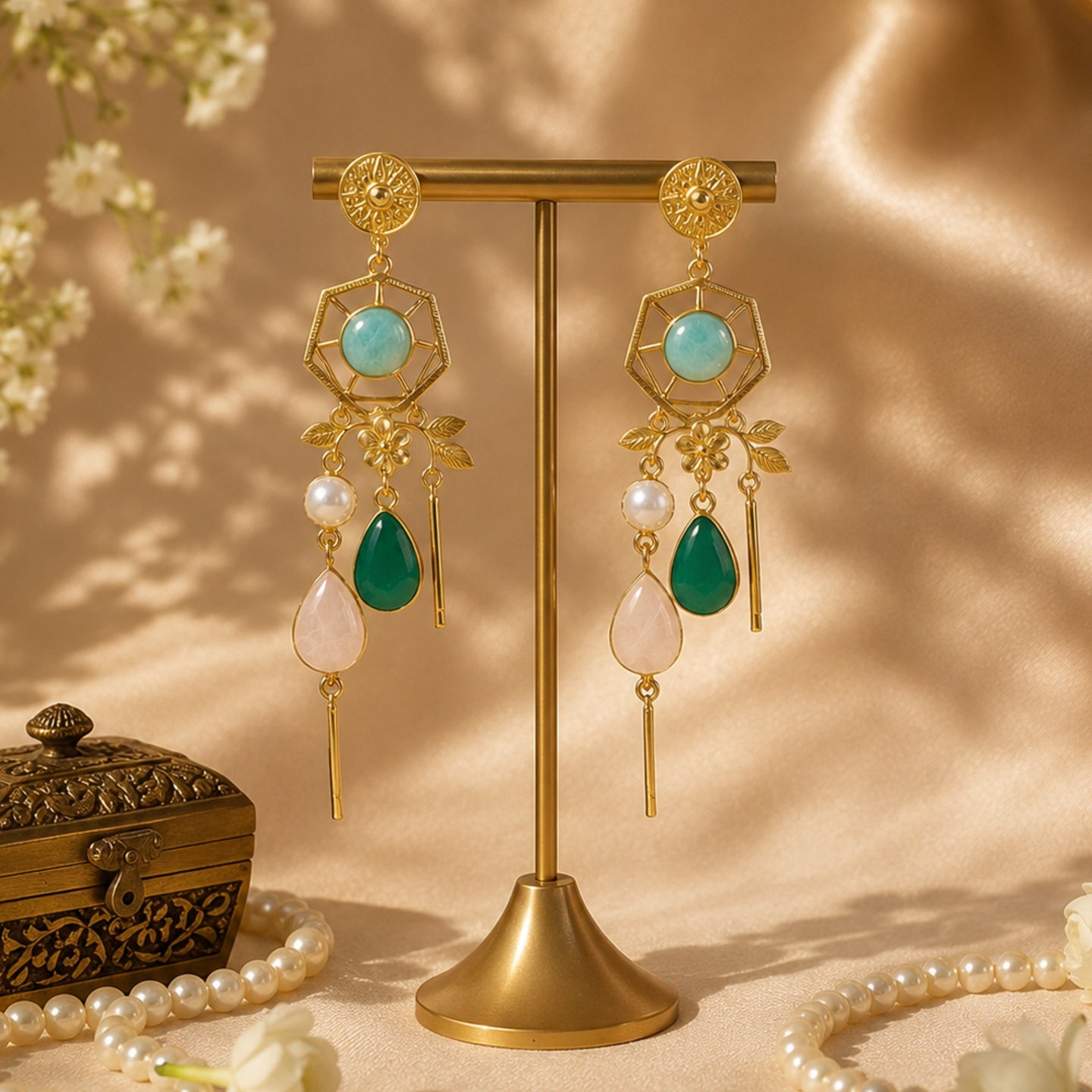 Emerald Dew Earrings - 18 Kt Gold Pated - Decorated with Semi precious stones - Perfect for all occasions