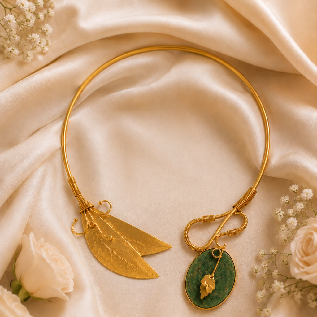 Handcrafted Green Stone Leaf Precious stone Necklace - 18kt gold plate Brass necklace - without earring