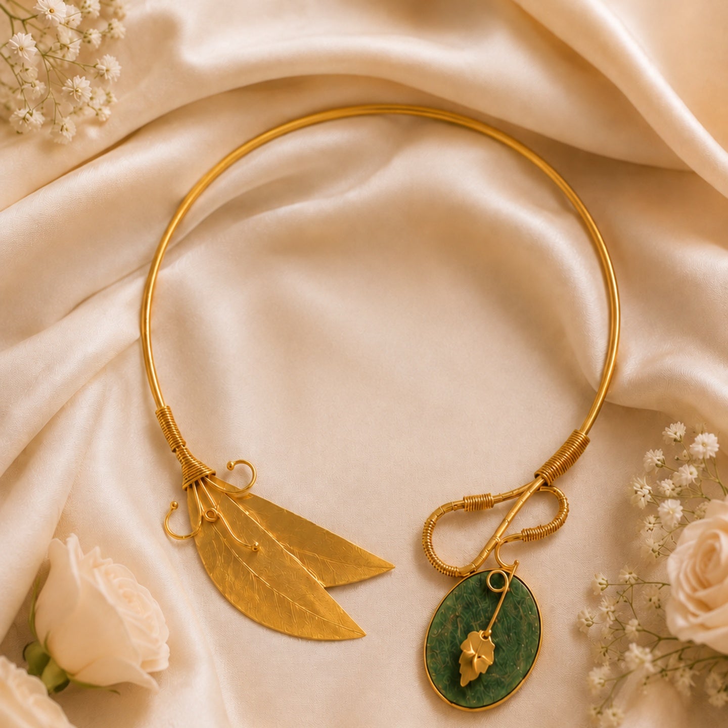 Handcrafted Green Stone Leaf Precious stone Necklace - 18kt gold plate Brass necklace - without earring