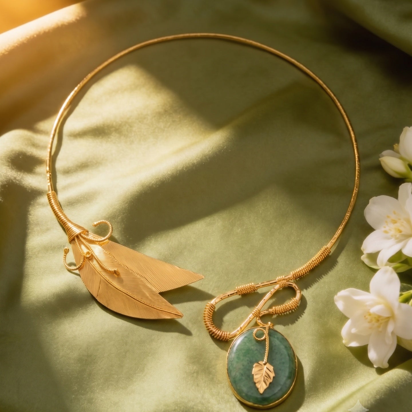 Handcrafted Green Stone Leaf Precious stone Necklace - 18kt gold plate Brass necklace - without earring
