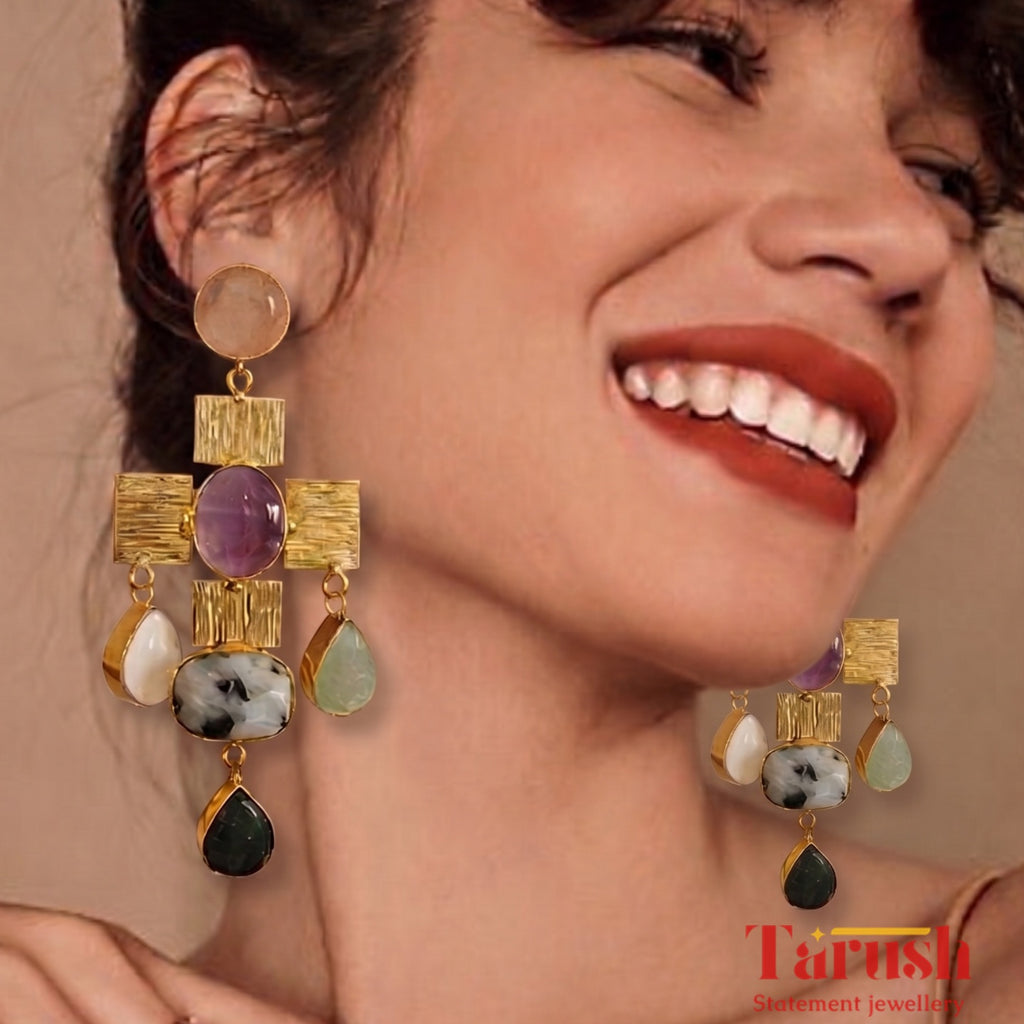 Tarush Multi-Stone Geometric Drop Earrings - Indo-Western Statement Jewellery - Stones Colour May Vary