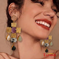 Tarush Multi-Stone Geometric Drop Earrings - Indo-Western Statement Jewellery - Stones Colour May Vary