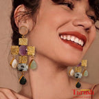 Tarush Multi-Stone Geometric Drop Earrings - Indo-Western Statement Jewellery - Stones Colour May Vary