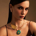 Handcrafted Green Stone Leaf Precious stone Necklace - 18kt gold plate Brass necklace - without earring