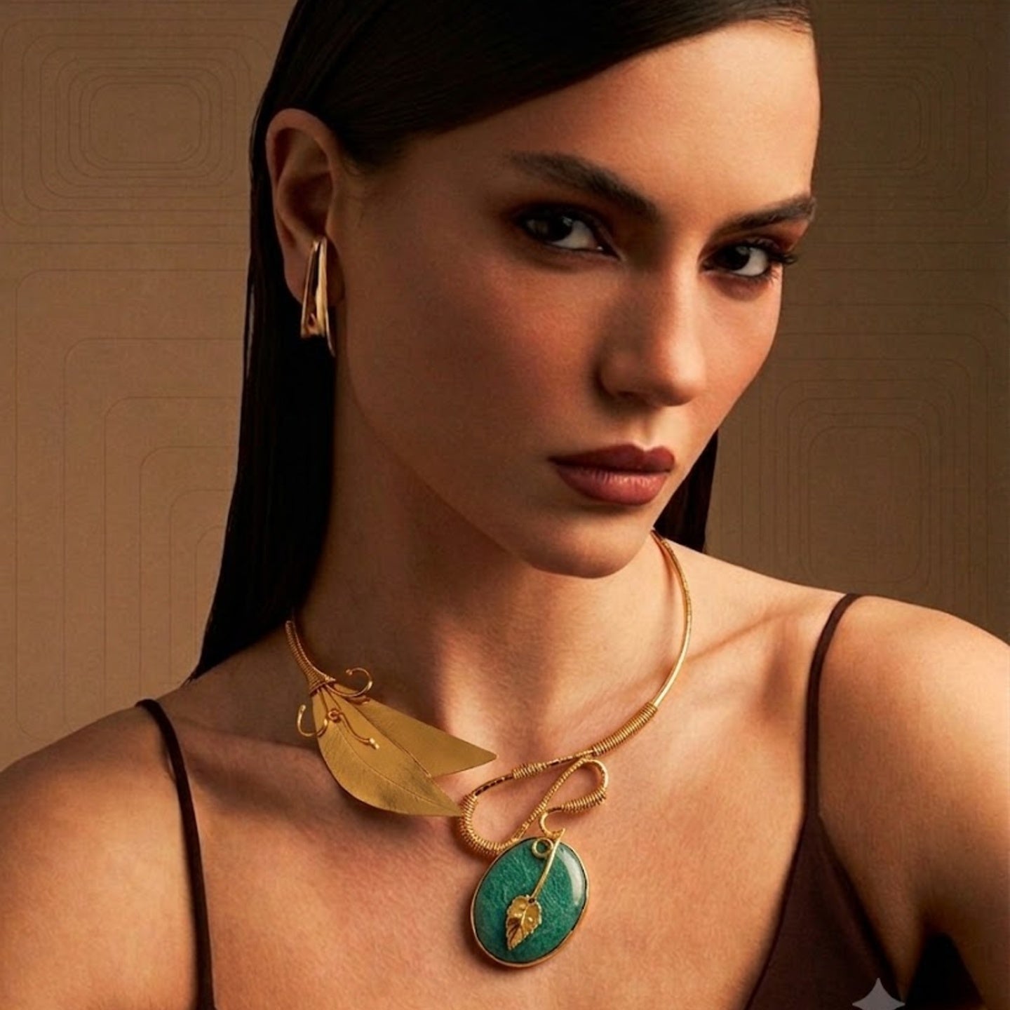 Handcrafted Green Stone Leaf Precious stone Necklace - 18kt gold plate Brass necklace - without earring