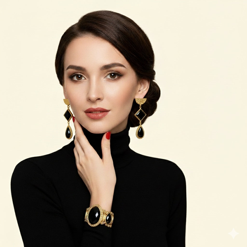 18 Kt Gold Plated Elegant - Brass earrings featuring black stones—lightweight style with non-allergic comfort. - Black earring Semi Precious stone