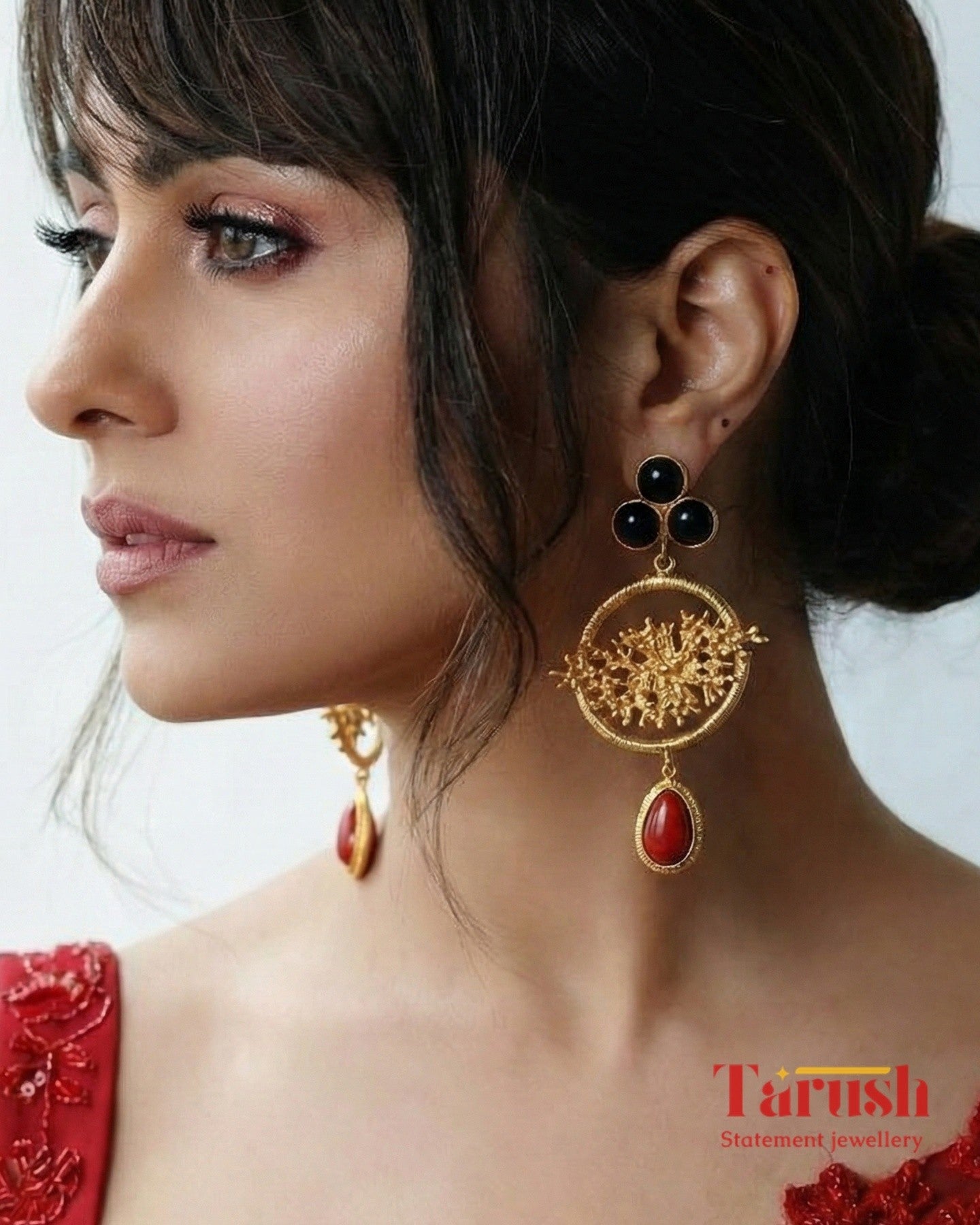 18 Kt Gold Plated Red and Black Earring - Make a Statement Semi Precious stone